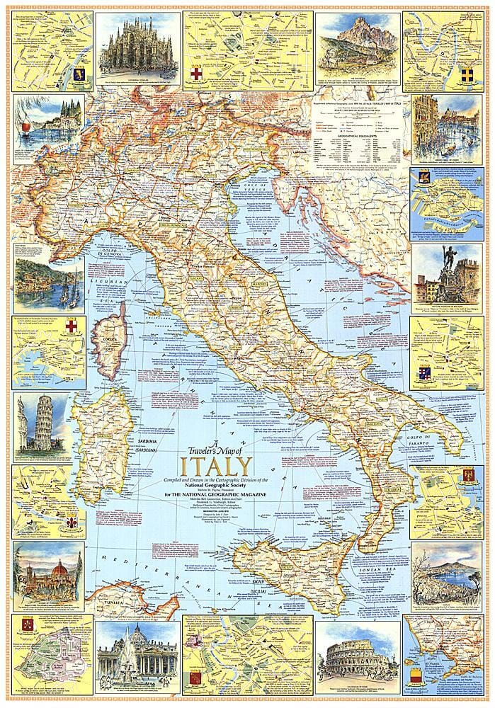1970 Travelers Map of Italy Wall Map 