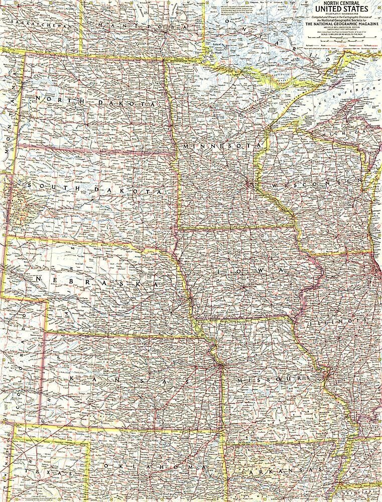 1958 North Central United States Map Wall Map 