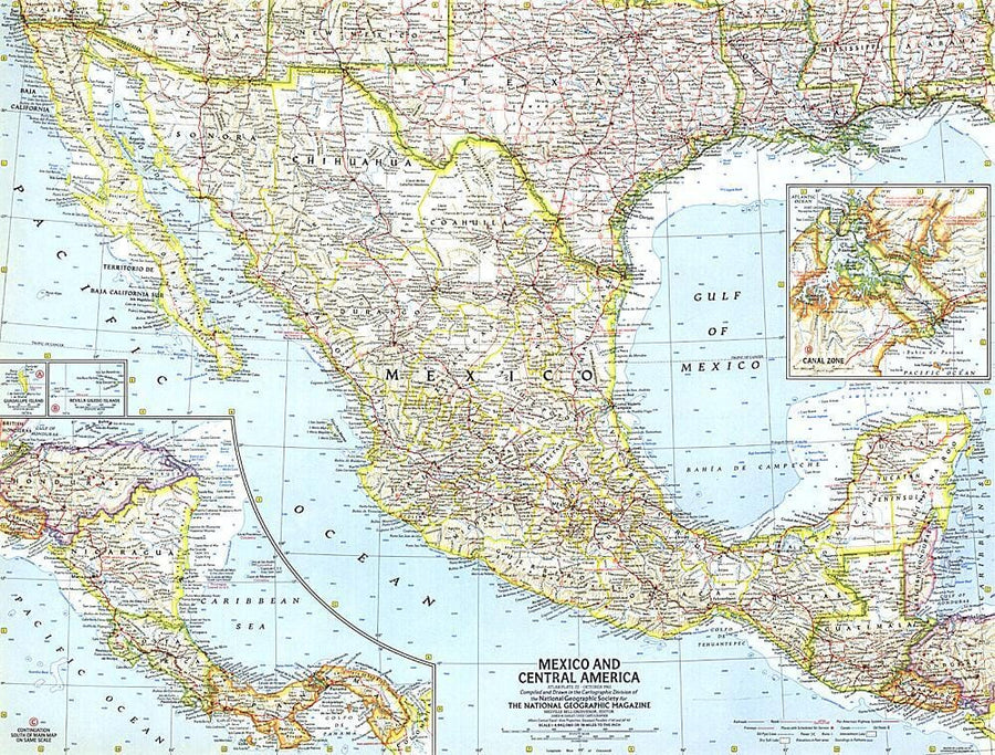 1961 Mexico and Central America Map Wall Map 