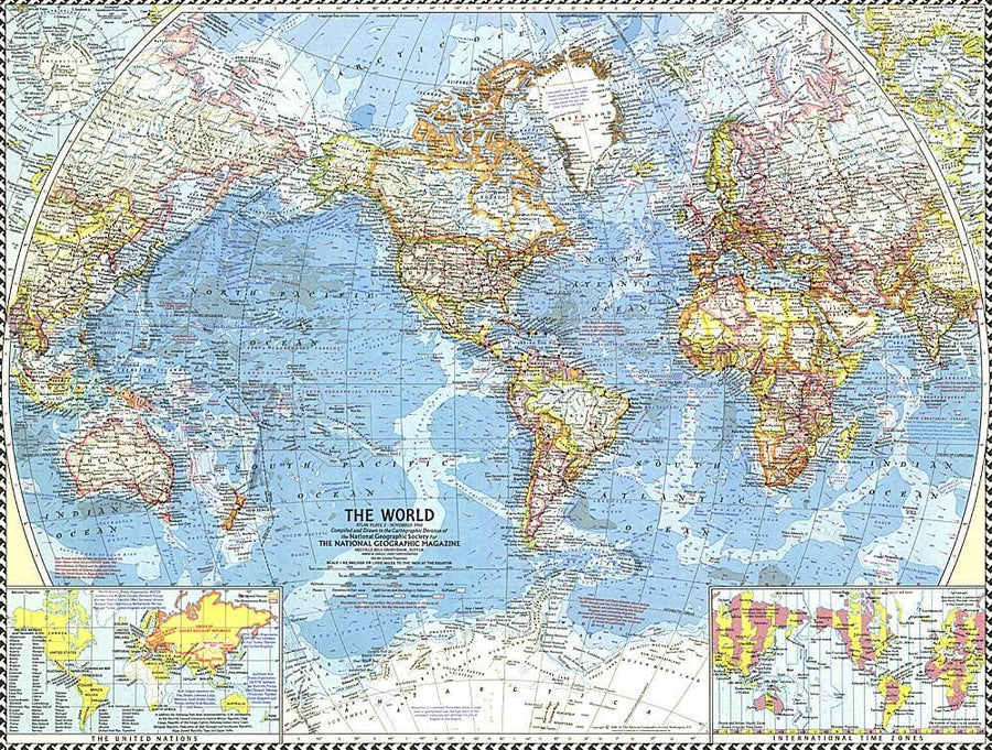 1960 World Map Wall Map 