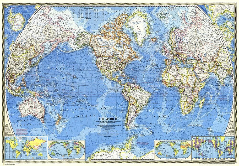 1970 World Map Wall Map 