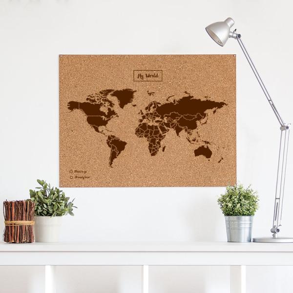 Carte du monde en liège - couleur naturelle, impression brun | Miss Wood carte murale grand tube Miss Wood Taille XL (90 x 60 cm) 