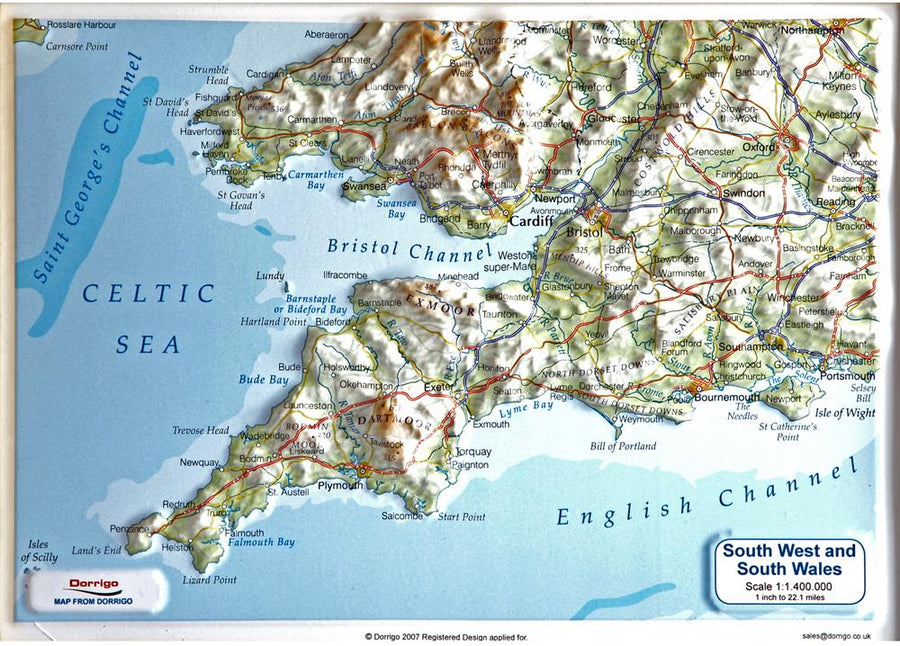 Carte en relief - Angleterre du Sud-Ouest - Format A4 | Dorrigo carte relief petit format Dorrigo 