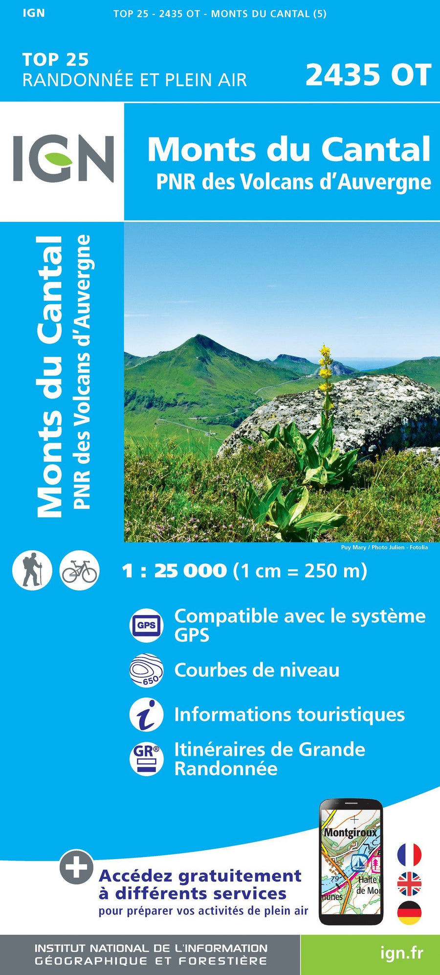 Carte IGN TOP 25 n° 2435 OT - Monts du Cantal, PNR des volcans d'Auvergne (Massif Central) carte pliée IGN 