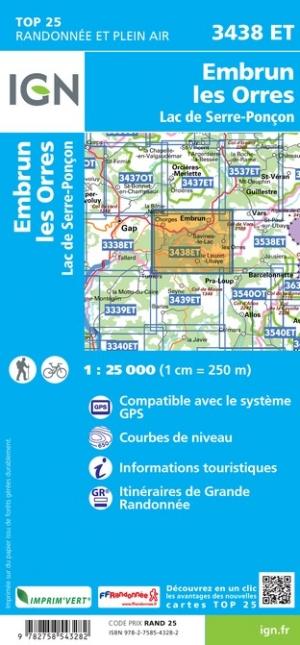 Carte IGN TOP 25 n° 3438 ET - Embrun, les Orres & Lac de Serre-Ponçon (Alpes) carte pliée IGN 