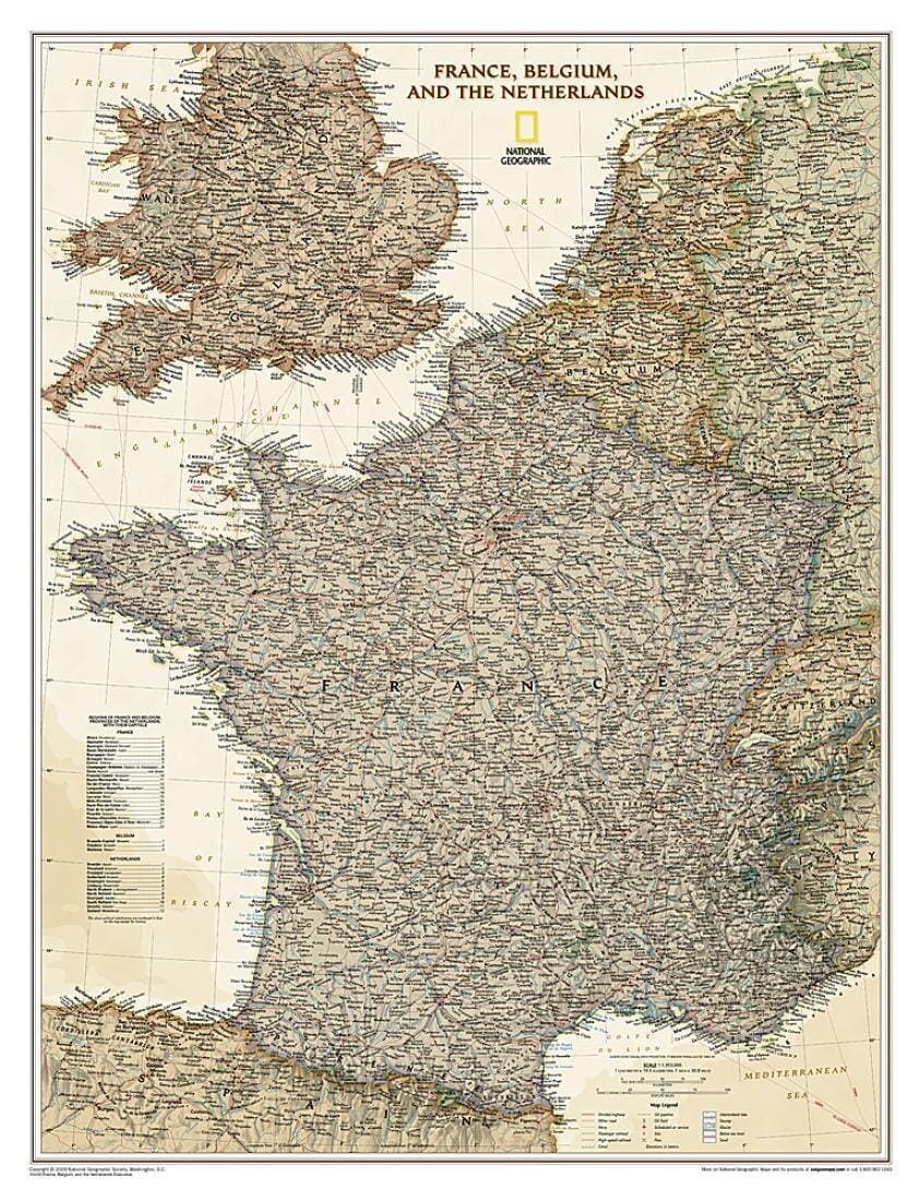 Wall map of France, Belgium, &The Netherlands (Executive, Sleeved) | National Geographic