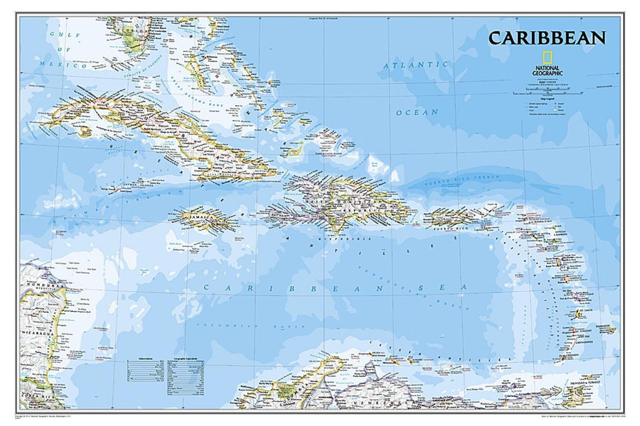 Wall map of Caribbean, Classic, sleeved | National Geographic