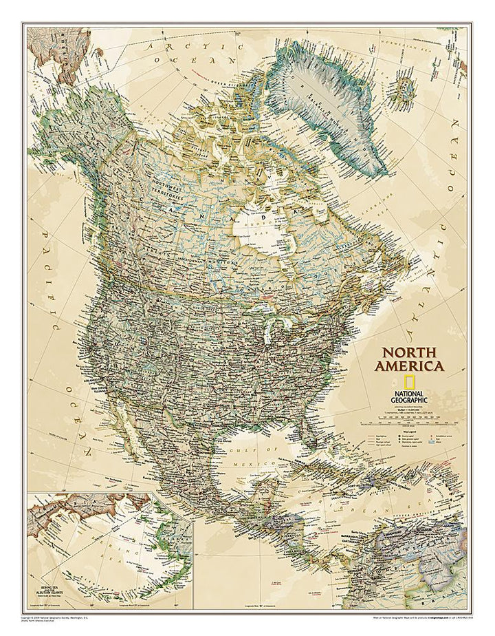 Carte murale (en anglais) - Amérique du Nord politique, style antique | National Geographic carte murale petit tube National Geographic Plastifiée 