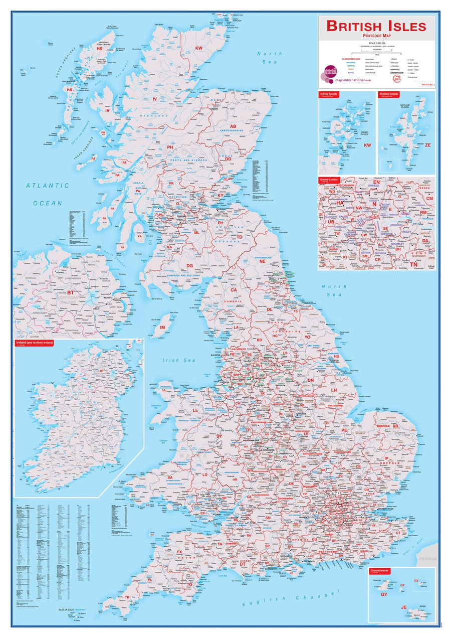Carte murale (en anglais) - Grande Bretagne & Irlande (zones postales) - 84 x 119 cm | Maps International carte murale petit tube Maps International 