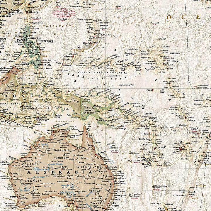 Carte murale (en anglais) - Monde politique centré sur le Pacifique, style antique - 185 x 122 cm (grand format) | National Geographic carte murale grand tube National Geographic 