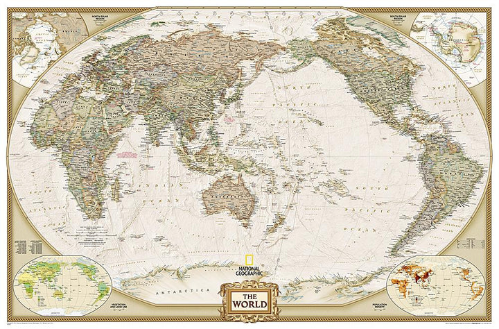 Carte murale (en anglais) - Monde politique centré sur le Pacifique, style antique, grand format | National Geographic carte murale grand tube National Geographic Plastifiée 