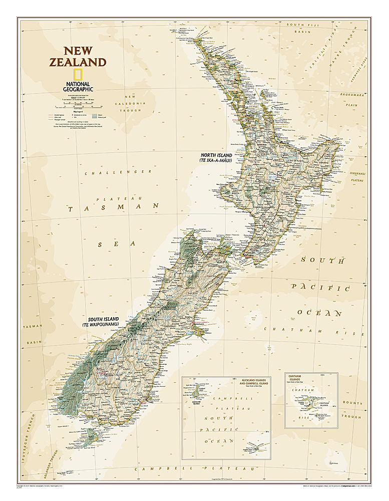 Carte murale (en anglais) - Nouvelle Zélande, style antique | National Geographic carte murale petit tube National Geographic Plastifiée 