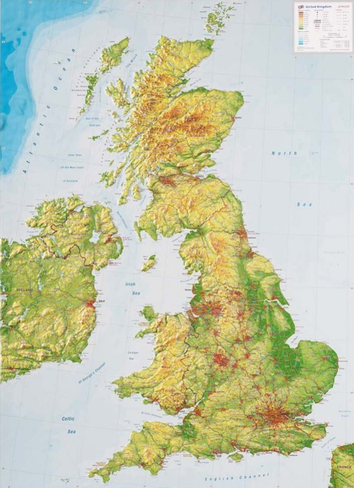 Carte murale en relief - Royaume Uni (en anglais) - 77 x 57 cm | Georelief carte relief Georelief Sans cadre 