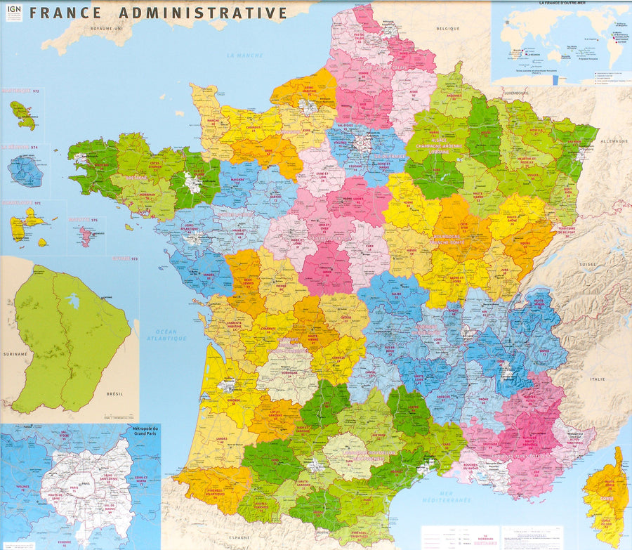 Carte murale plastifiée - France administrative (nouvelles régions) - 115 x 100 cm | IGN carte murale petit tube IGN 