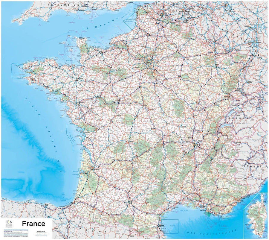 Carte murale plastifiée - France routière - 110 x 100 cm | IGN carte murale petit tube taux réduit IGN 