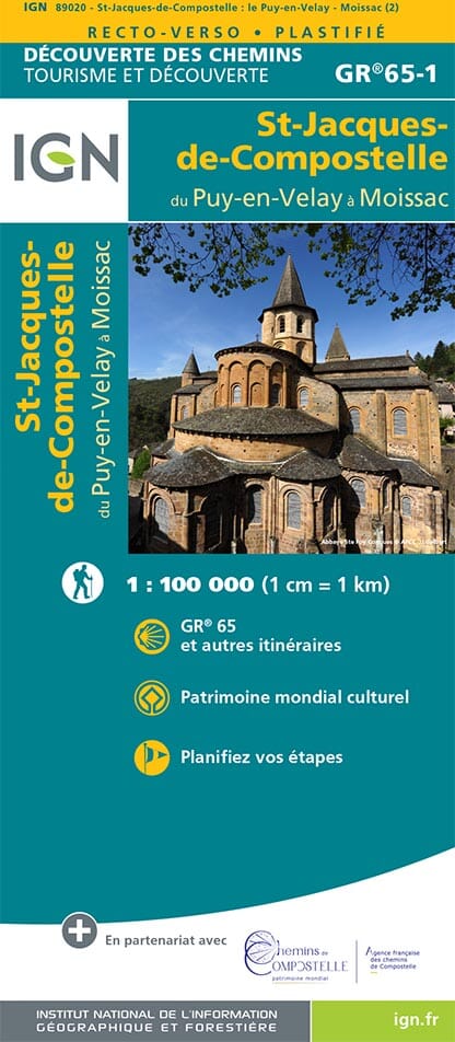 Carte plastifiée - St Jacques de Compostelle : Du Puy en Velay à Moissac (GR65 -1) | IGN carte pliée IGN 