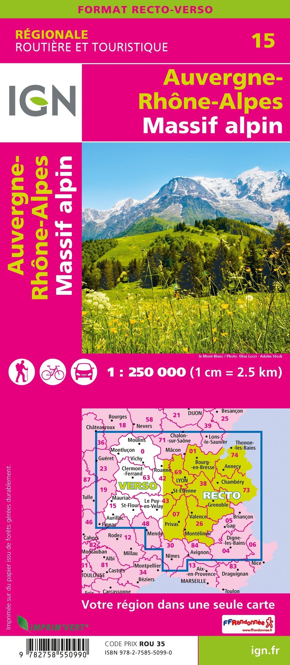 Carte régionale n° 15 : Auvergne - Rhône Alpes (Massif alpin) | IGN carte pliée IGN 