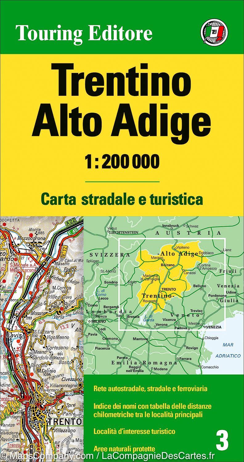 Carte routière n° 3 - Trentin-Haut-Adige (région de Bolzano, Italie) | Touring Club Italiano-1/200 000 carte pliée Touring 