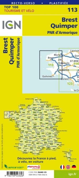 Carte TOP 100 n° 113 - Brest, Quimper & PNR d'Armorique | IGN carte pliée IGN 