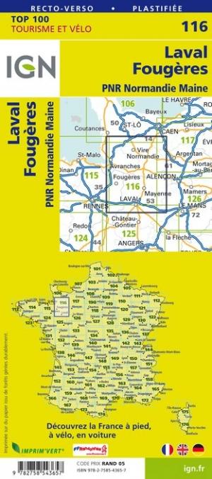 Carte TOP 100 n° 116 - Laval, Fougères & PNR Normandie Maine | IGN carte pliée IGN 