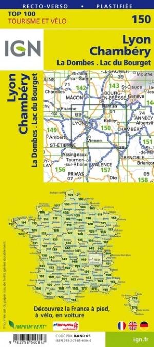 Carte TOP 100 n° 150 - Lyon, Chambéry & lac du Bourget | IGN carte pliée IGN 
