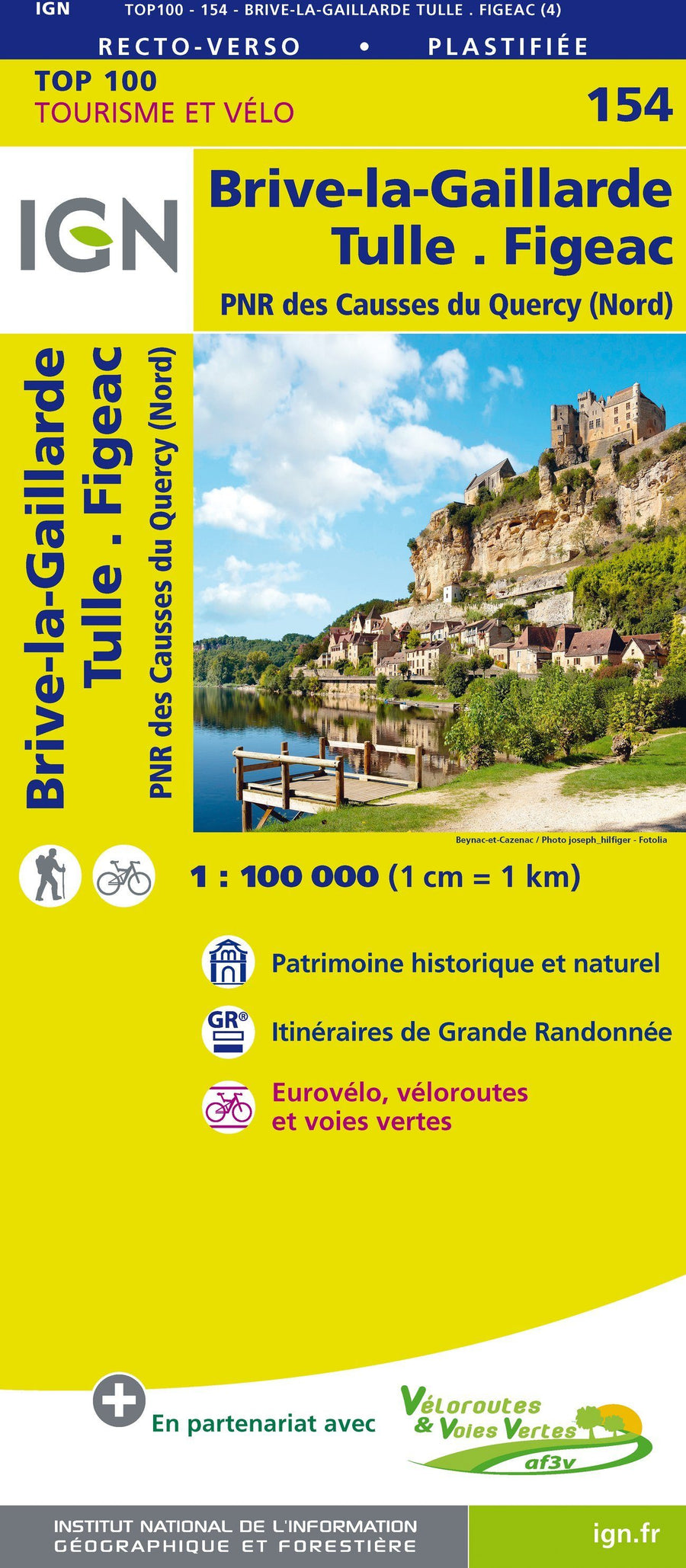Carte TOP 100 n° 154 - Brive-la-Gaillarde, Tulle, Figeac & PNR des Causses du Quercy (nord) | IGN carte pliée IGN 