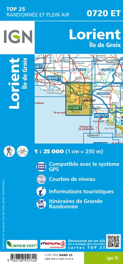 Carte TOP 25 n° 0720 ET - Lorient & Ile de Groix | IGN carte pliée IGN 