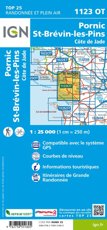 Carte TOP 25 n° 1123 OT - Saint-Nazaire, Pornic, Côte de Jade | IGN carte pliée IGN 