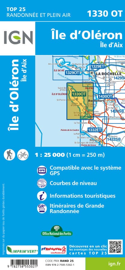 Carte TOP 25 n° 1330 OT - Ile d'Oléron & Ile d'Aix | IGN carte pliée IGN 