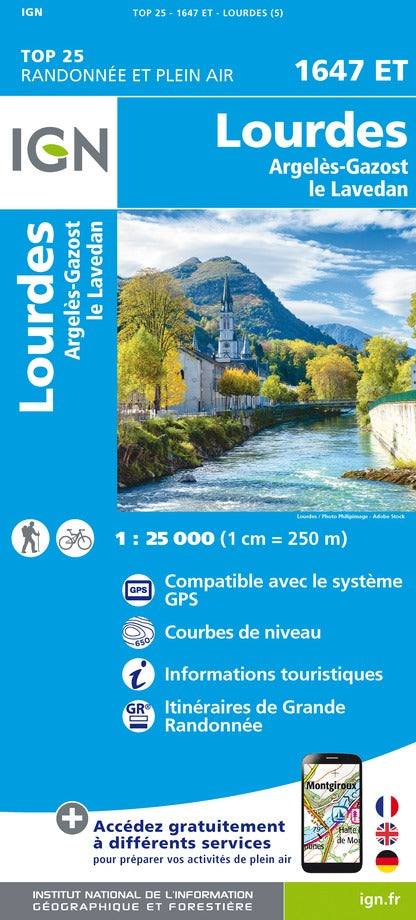 Carte TOP 25 n° 1647 ET - Lourdes, Argelès-Gazost & le Lavedan (Pyrénées) | IGN carte pliée IGN 