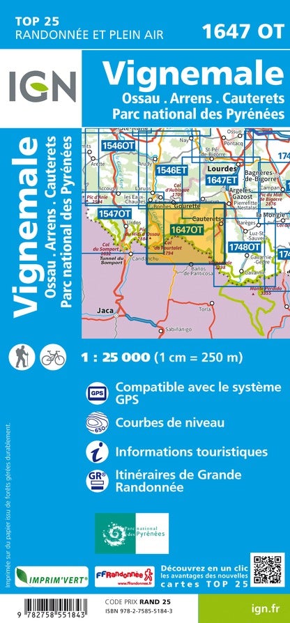 Carte TOP 25 n° 1647 OT - Vignemale, Ossau, Arrens, Cauterets (PN des Pyrénées) | IGN carte pliée IGN 
