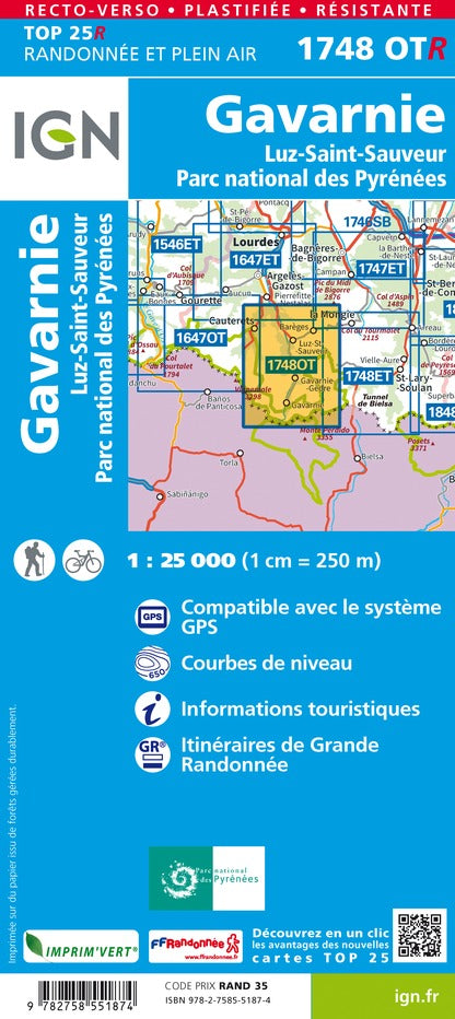 Carte TOP 25 n° 1748 OTR (résistante) - Gavarnie & Luz St Sauveur (Pyrénées) | IGN carte pliée IGN 