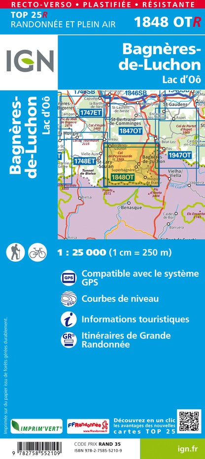 Carte TOP 25 n° 1848 OTR (résistante) - Bagnères-de-Luchon & Lac d'Oô (Pyrénées) | IGN carte pliée IGN 