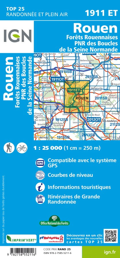 Carte TOP 25 n° 1911 ET - Rouen, Forêts Rouennaises & PNR des Boucles de la Seine Normande | IGN carte pliée IGN 