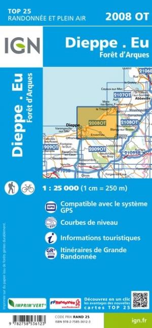Carte TOP 25 n° 2008 OT - Dieppe, Eu, Forêt d'Arques | IGN carte pliée IGN 
