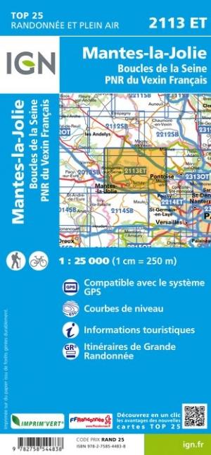Carte TOP 25 n° 2113 ET - Mantes-la-Jolie, Boucles de la Seine, PNR du Vexin français | IGN carte pliée IGN 