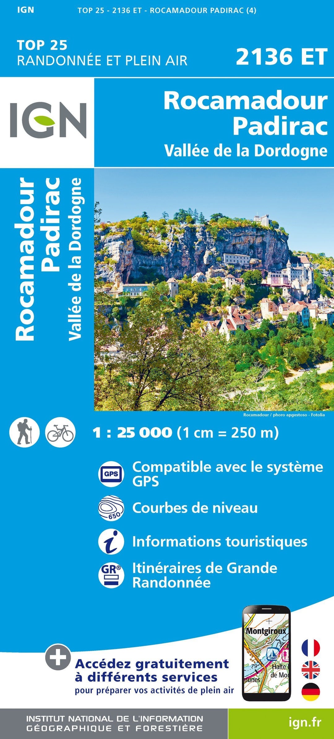 Carte TOP 25 n° 2136 ET - Rocamadour, Padirac, Vallée de la Dordogne | IGN carte pliée IGN 