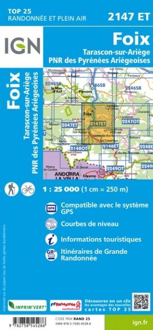 Carte TOP 25 n° 2147 ET - Foix, Tarascon sur Ariège (PNR des Pyrénées Ariégeoises) | IGN carte pliée IGN 