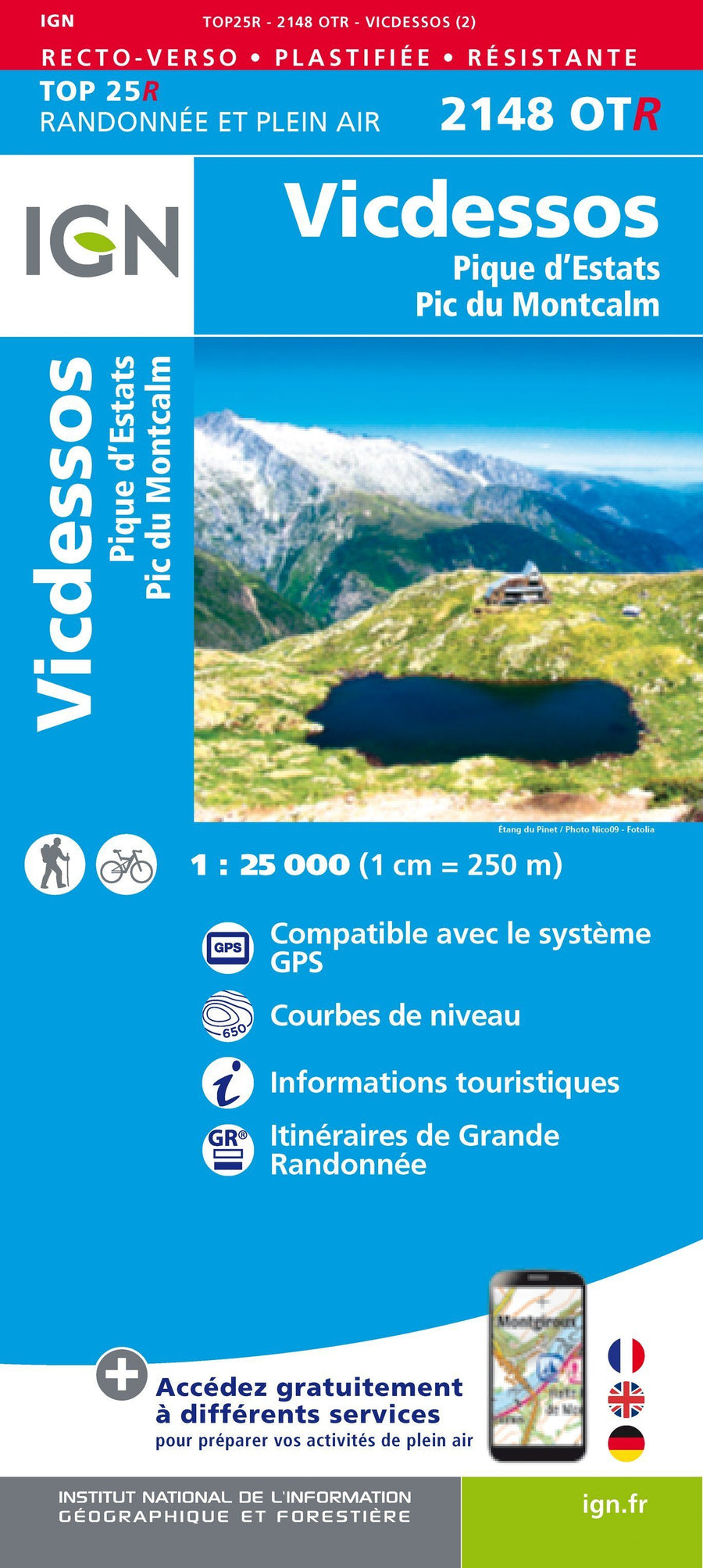 Carte TOP 25 n° 2148 OTR (résistante) - Vicdessos, Pique d'Estats & Pic du Montcalm (Pyrénées) | IGN carte pliée IGN 