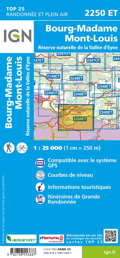 Carte TOP 25 n° 2250 ET - Bourg Madame, Mont-Louis & Col de la Perche | IGN carte pliée IGN 