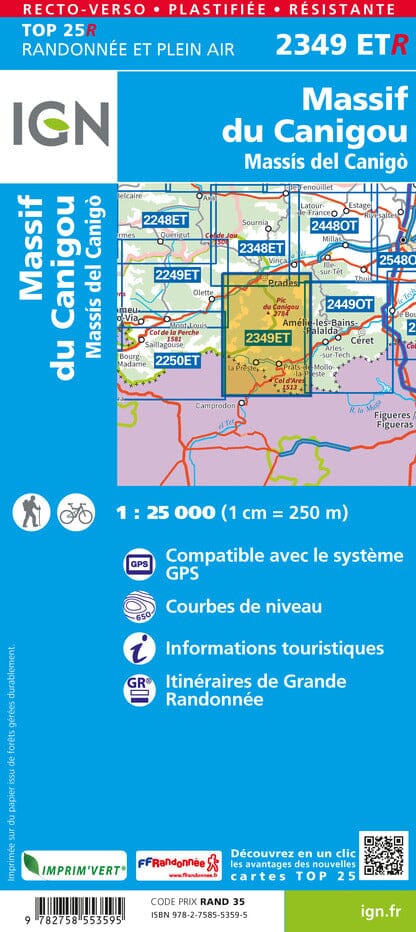 Carte TOP 25 n° 2349 ETR (résistante) - Massif du Canigou (Pyrénées) | IGN carte pliée IGN 