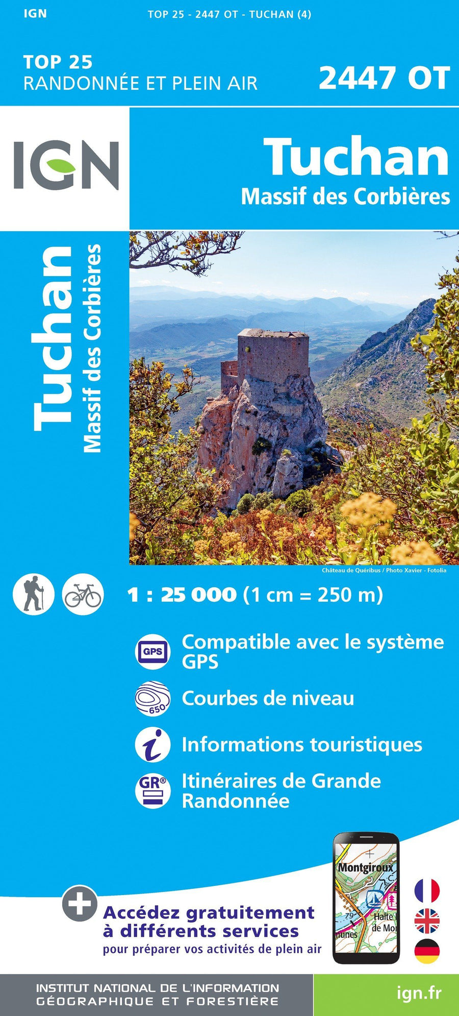 Carte TOP 25 n° 2447 OT - Tuchan & Massif des Corbières (Pyrénées) | IGN carte pliée IGN 