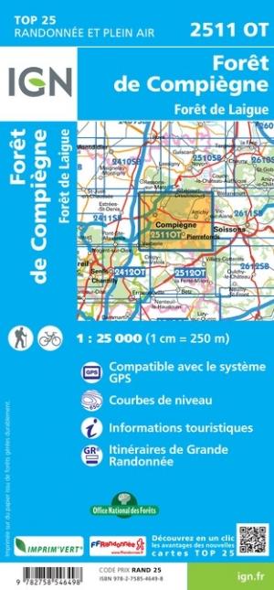 Carte TOP 25 n° 2511 OT - Forêts de Compiègne et de Laigue | IGN carte pliée IGN 