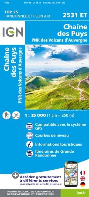Carte TOP 25 n° 2531 ET - Chaîne des Puys, PNR des Volcans d'Auvergne | IGN carte pliée IGN 