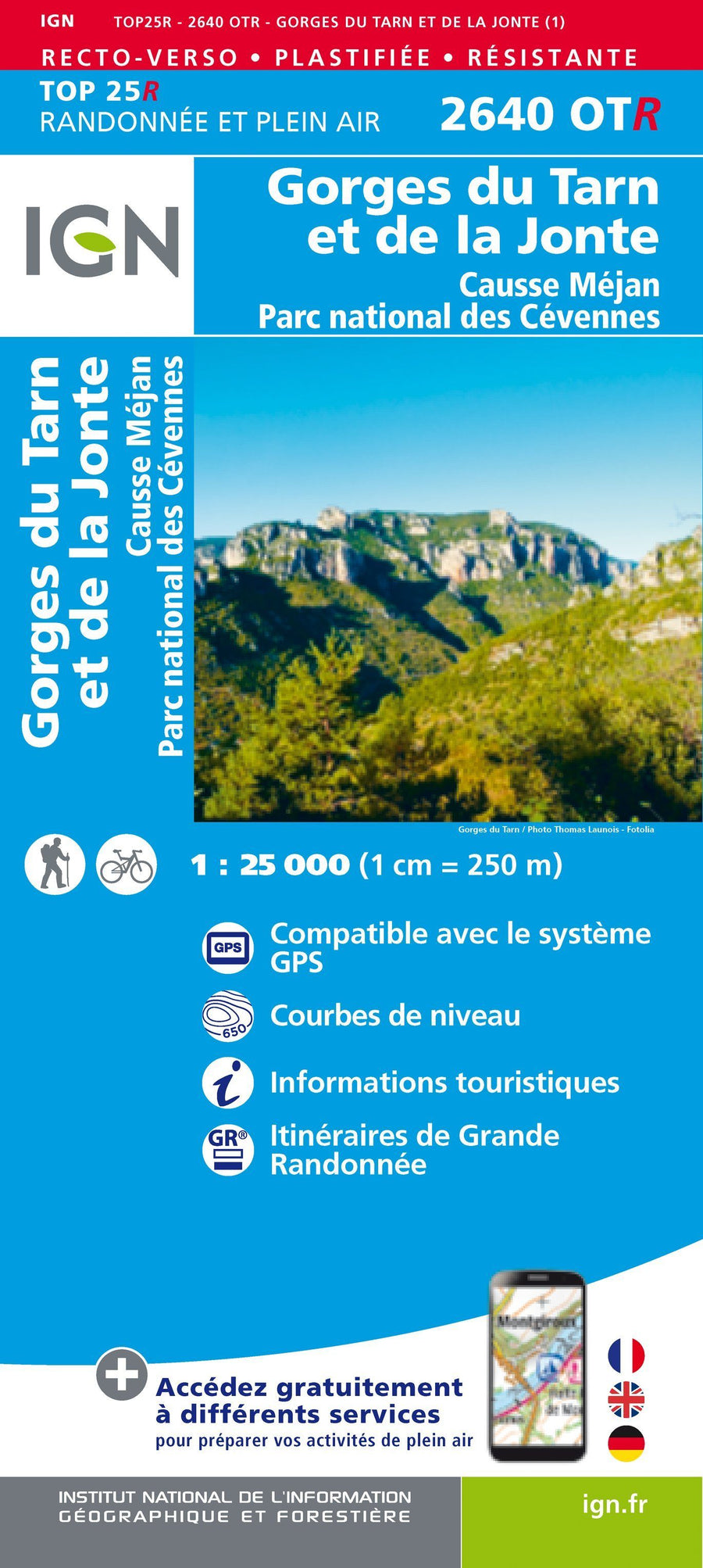 Carte TOP 25 n° 2640 OTR (résistante) - Gorges du Tarn et de la Jonte, Causse Méjan (PN des Cévennes) | IGN carte pliée IGN 