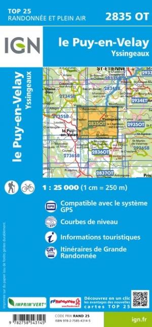 Carte TOP 25 n° 2835 OT - Le Puy-en-Velay, Yssingeaux | IGN - La Compagnie des Cartes