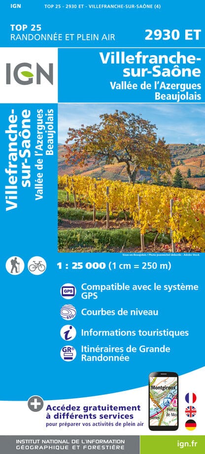 Carte TOP 25 n° 2930 ET - Villefranche-sur-Saône, Vallée de l'Azergues, Beaujolais | IGN carte pliée IGN 