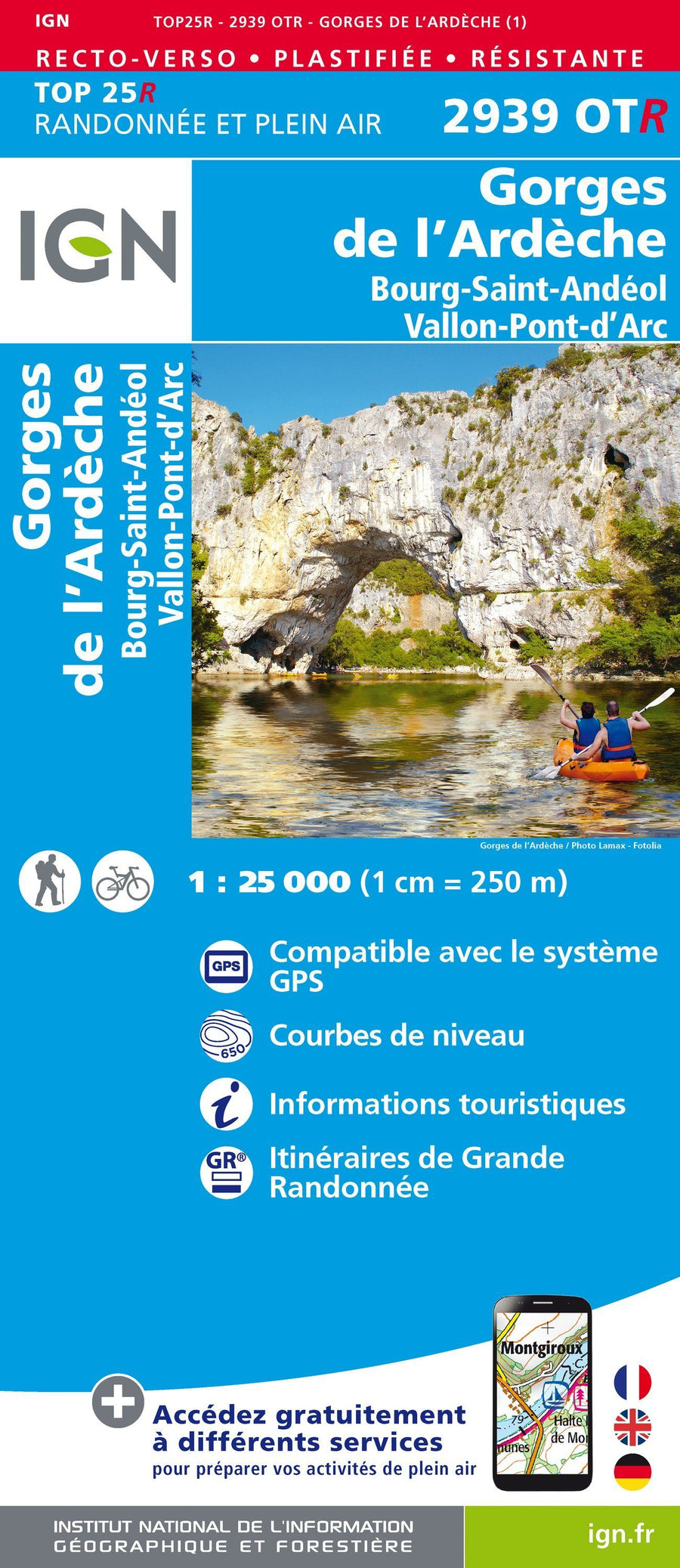 Carte TOP 25 n° 2939 OTR (résistante)- Gorges de l'Ardèche, Bourg-St-Andéol | IGN carte pliée IGN 