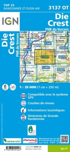Carte TOP 25 n° 3137 OT - Die, Crest & PNR du Vercors (Alpes) | IGN carte pliée IGN 