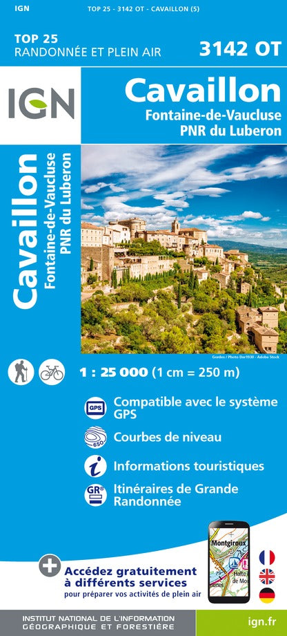 Carte TOP 25 n° 3142 OT - Cavaillon, Fontaine-de-Vaucluse (PNR du Lubéron) | IGN carte pliée IGN 